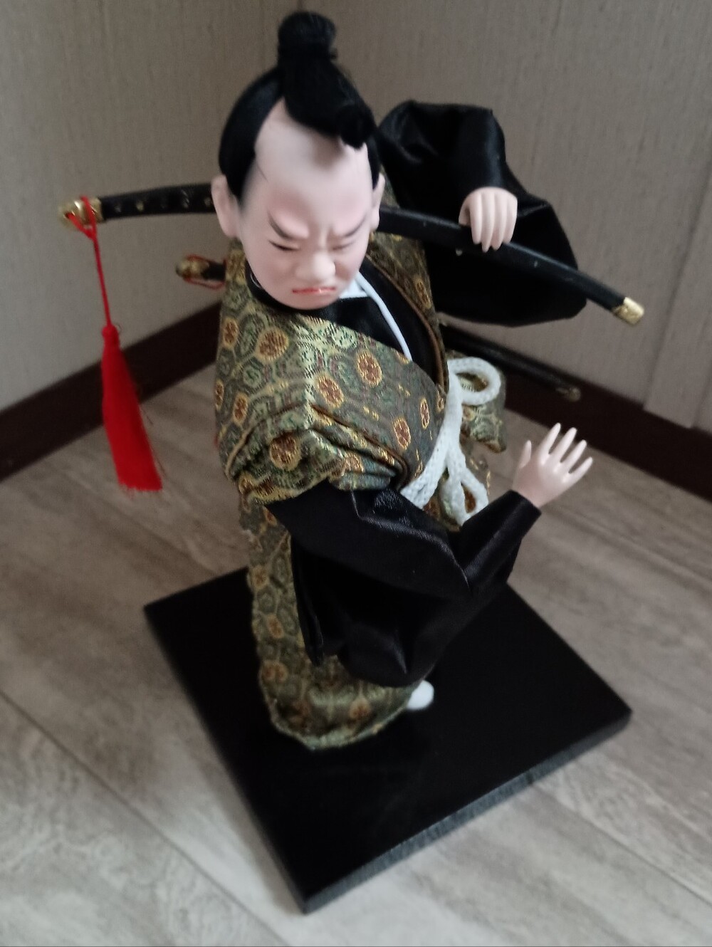 Japanese Samurai Doll in Green and Black Kimono